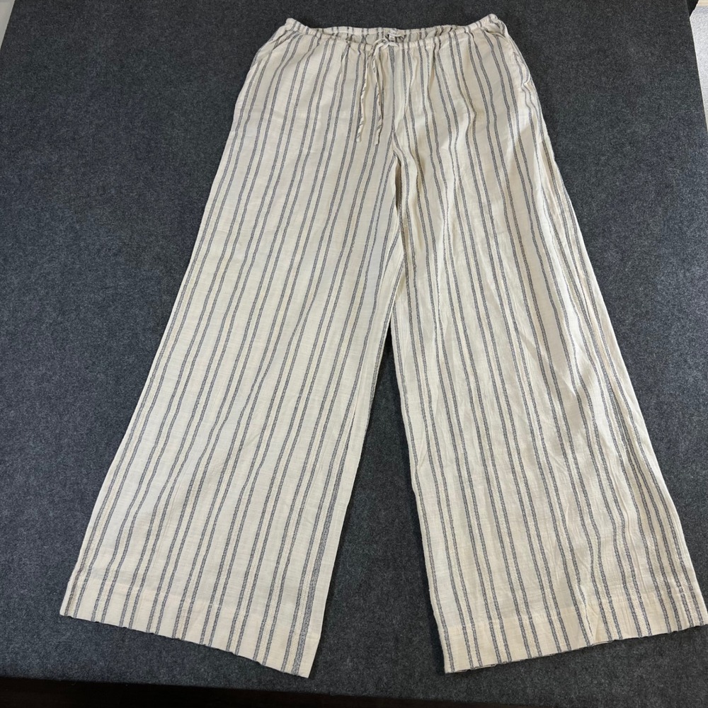 Z Supply Womens Striped Wide Leg Pants Cream Navy Blue Drawstring ZP252763 L
